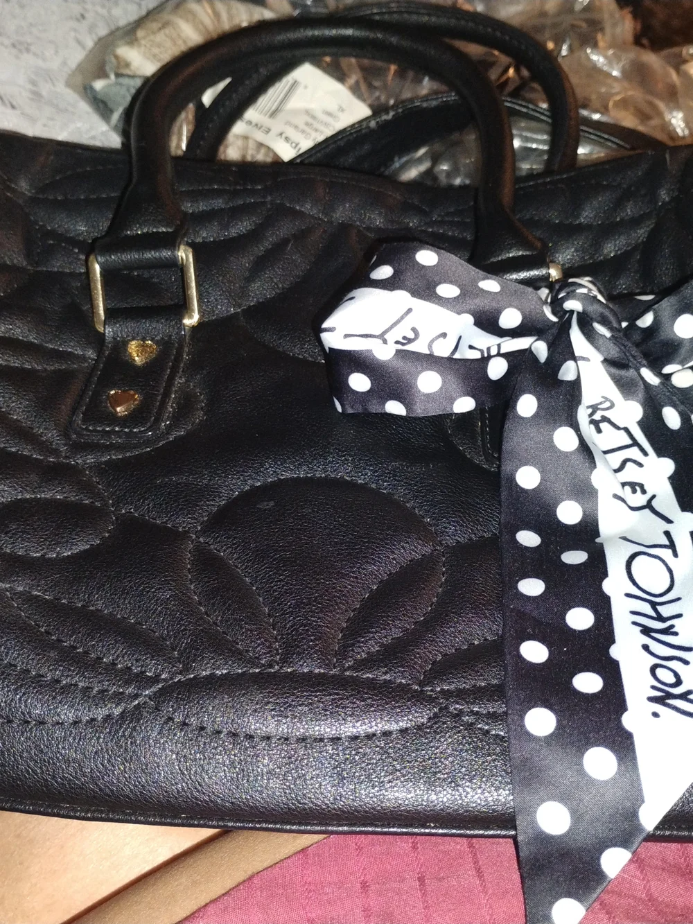 Betsey Johnson Black Quilted Women's Satchel Bag with Polka Dot Scarf